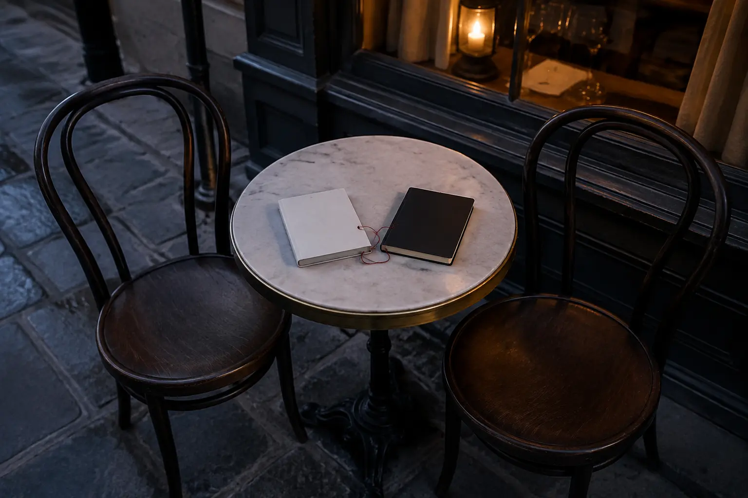 Two empty bentwood chairs facing a small table with blank notebooks